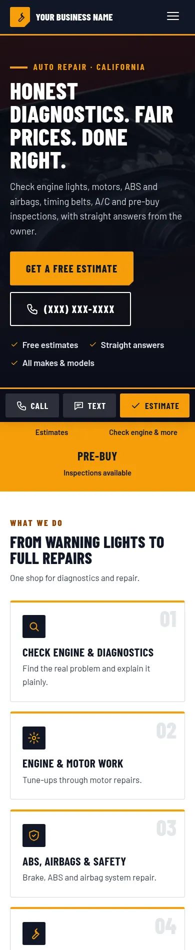 After: redesigned website for a auto repair shop on a phone