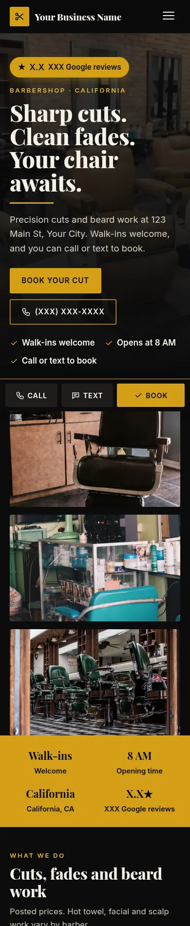 After: redesigned website for a barbershop on a phone