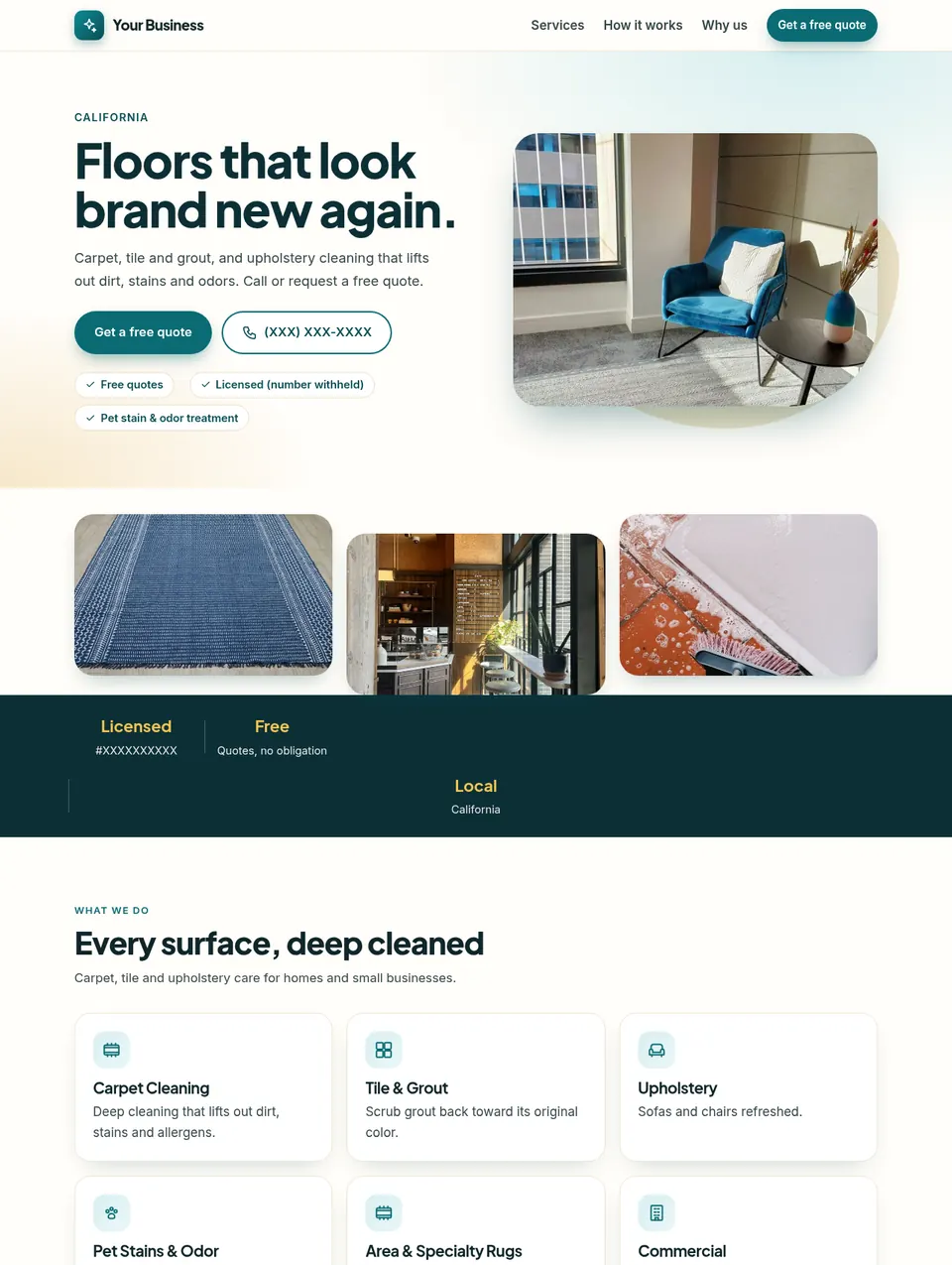 After: redesigned website for a local carpet and tile shop on a computer