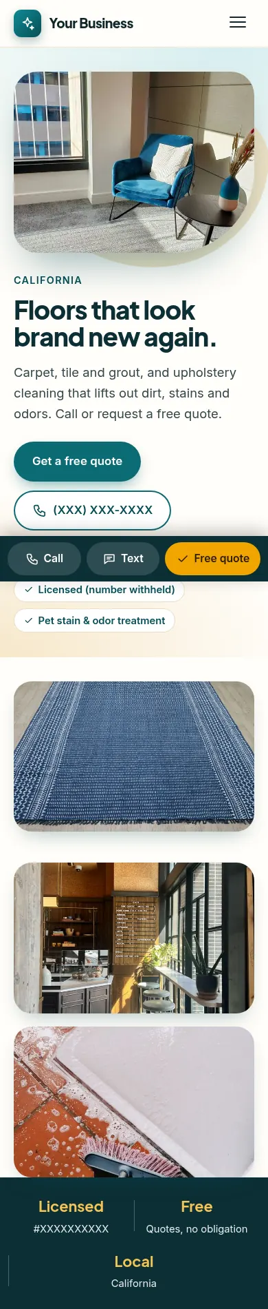 After: redesigned website for a local carpet and tile shop on a phone