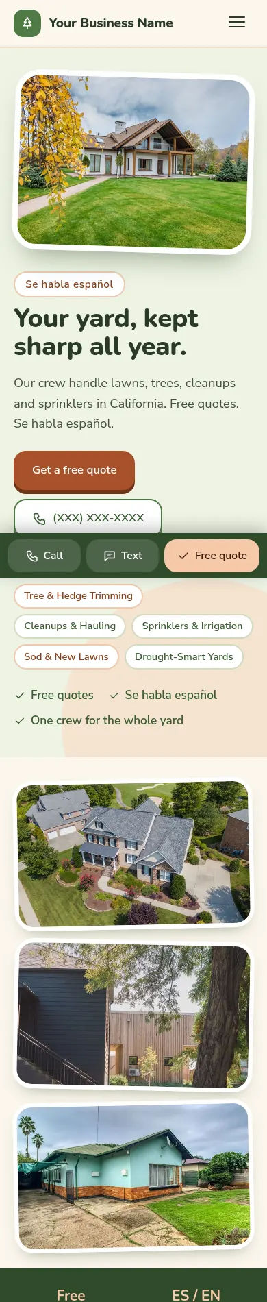 After: redesigned website for a gardening and yard-care service on a phone