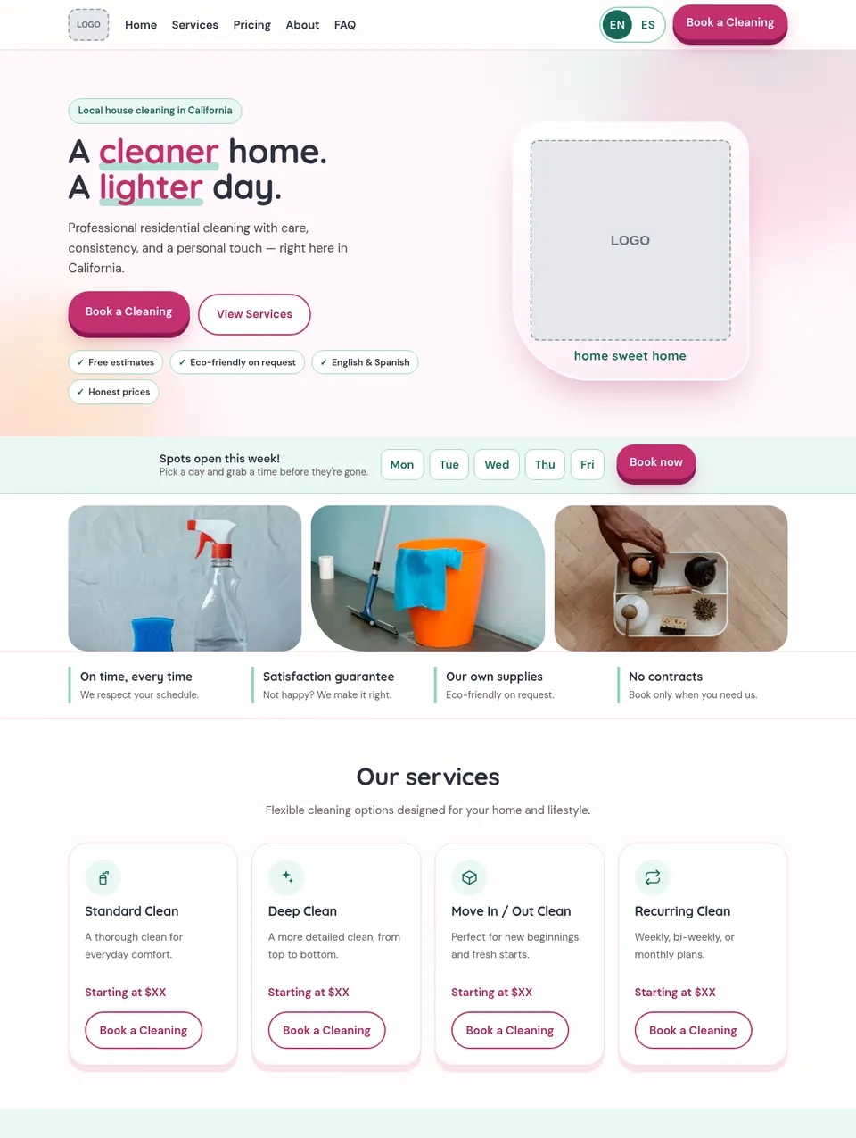 After: redesigned website for a house cleaning service on a computer