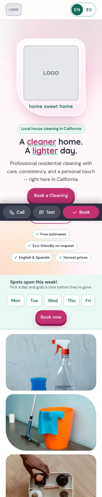 After: redesigned website for a house cleaning service on a phone