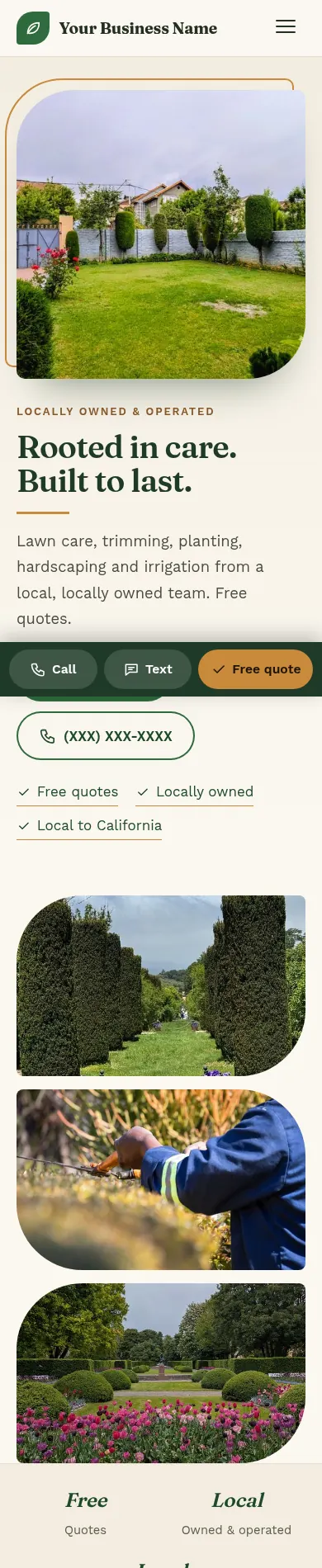 After: redesigned website for a landscaping company on a phone