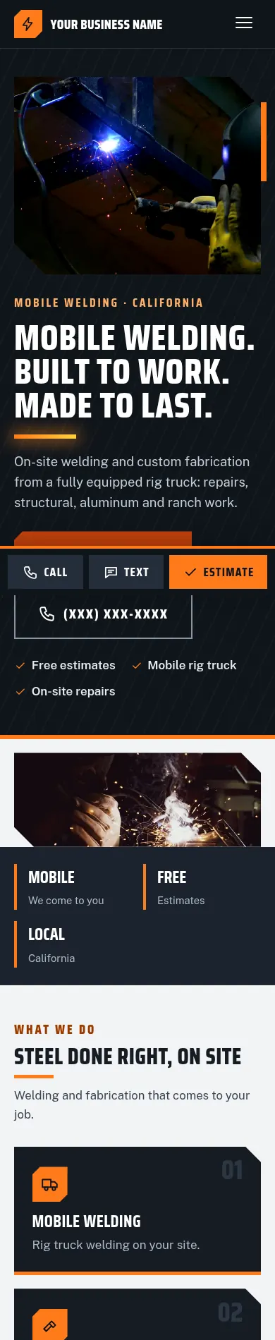 After: redesigned website for a mobile welding and fabrication on a phone
